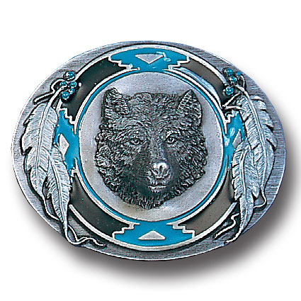 Belt Buckle -Wolf Head/Feathers
